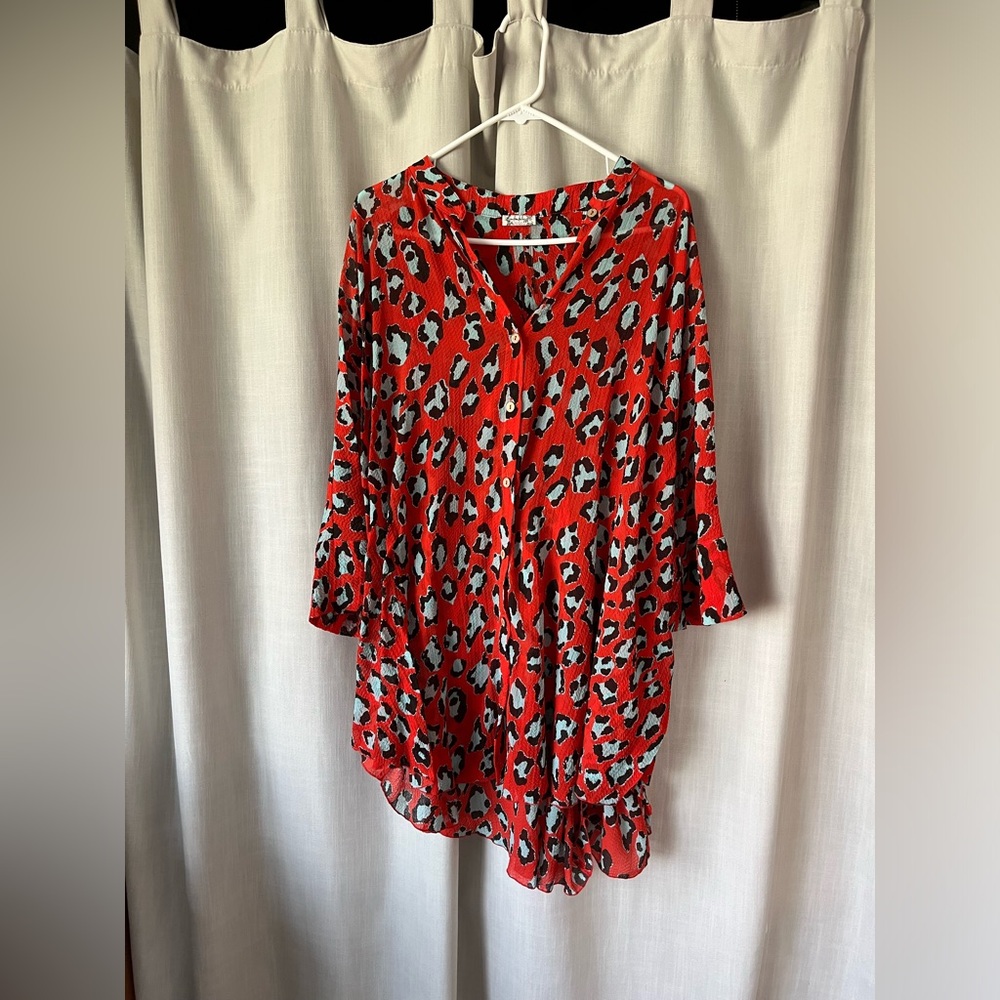 Intimately Free People Red and Blue Leopard Shirt Sz M